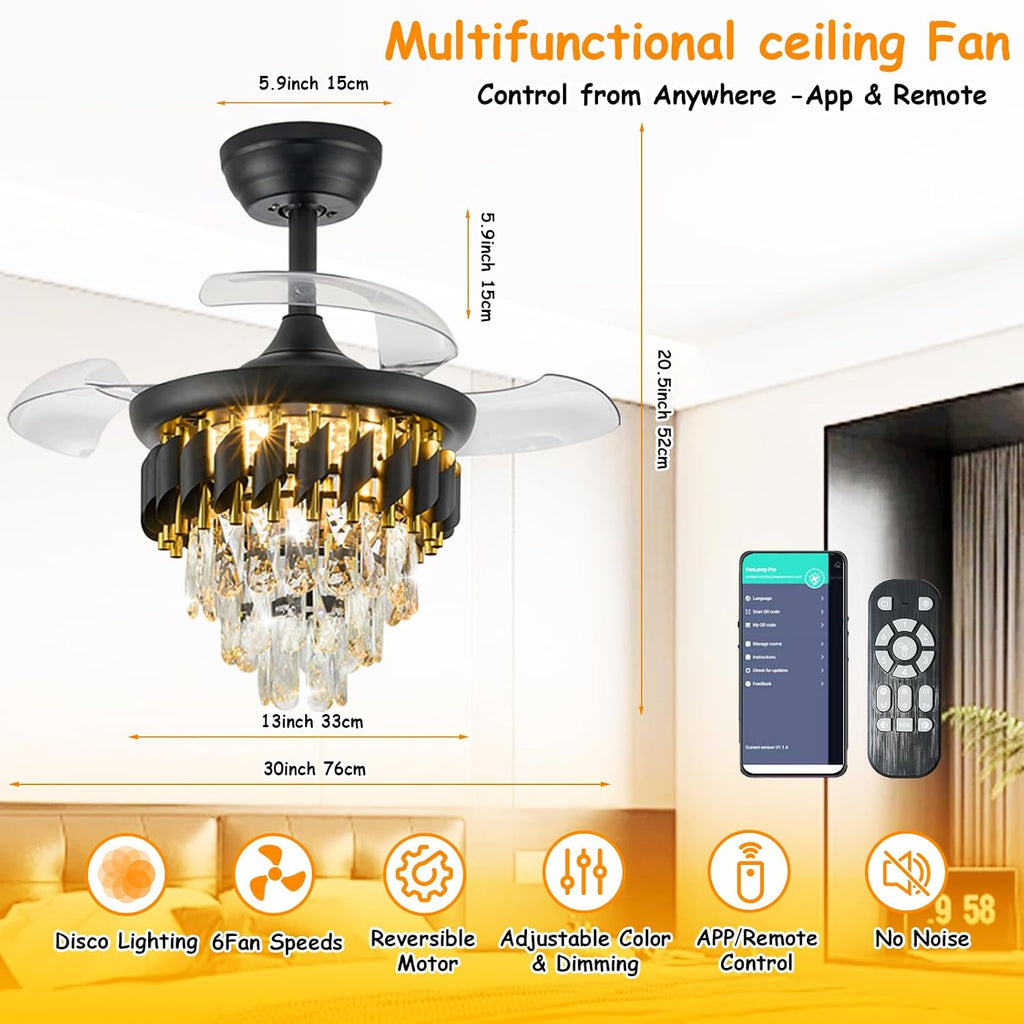30" Black Crystal Retractable Ceiling Fan with Light
