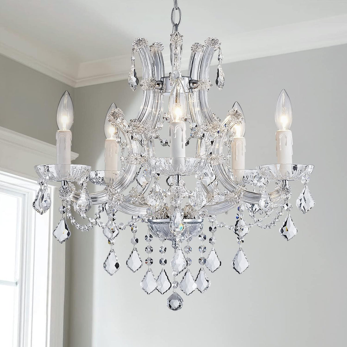 5-Light Maria Theresa-Style Crystal Chandelier, Modern Take for Dining Rooms