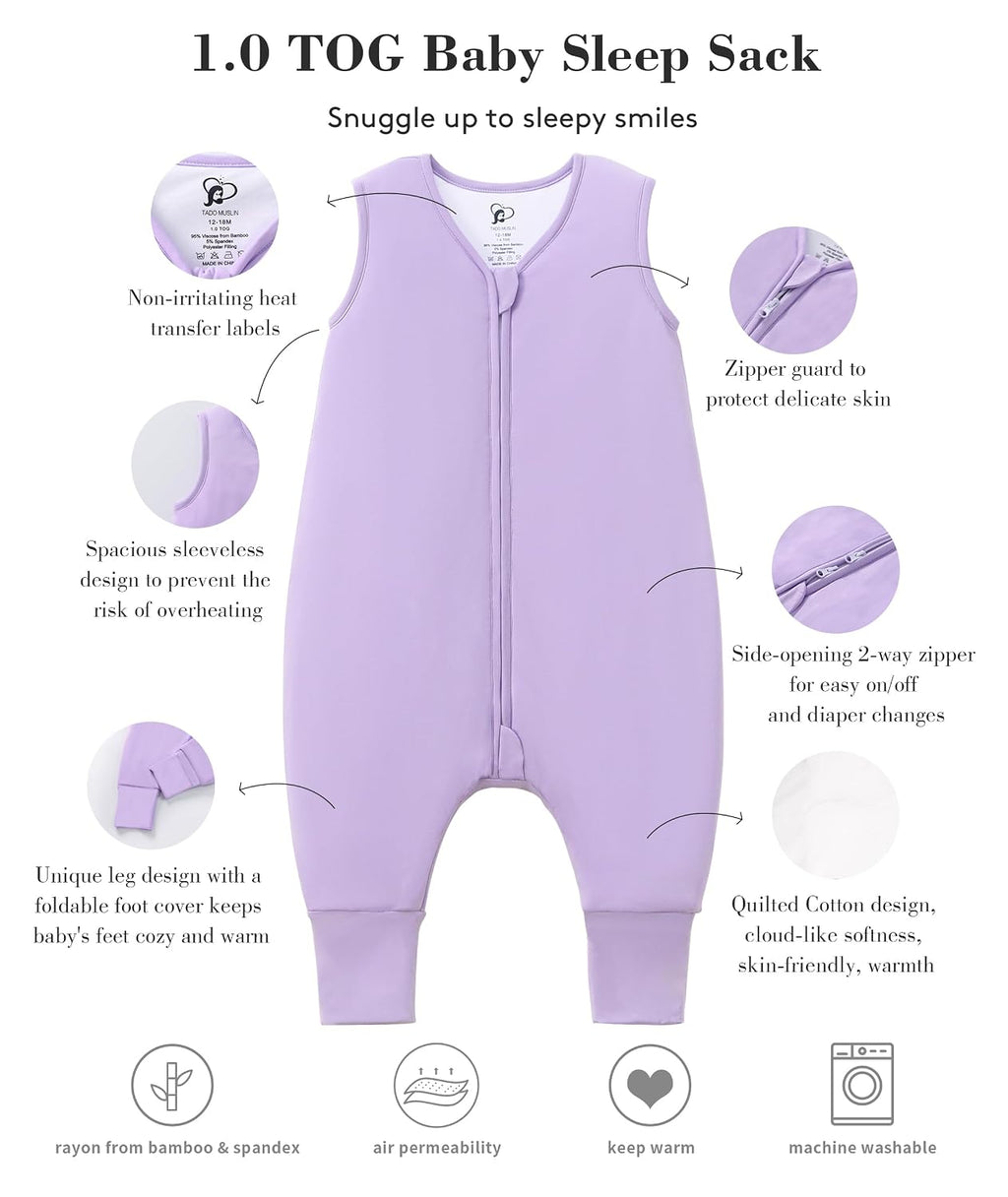 Baby/Toddler Sleep Sack with Legs, Rayon from Bamboo 95% + 5% Spandex, 1.0 TOG, 2‐Way Zipper Sleeping Bag