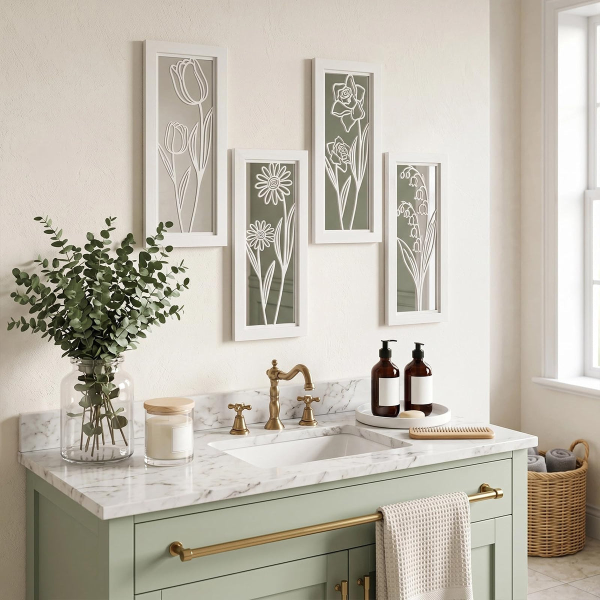 4 Set Rustic Wall Mirrors Bathroom Living Room Entryway Wood Farmhouse Rectangular Easy to Hang Framed Decorative