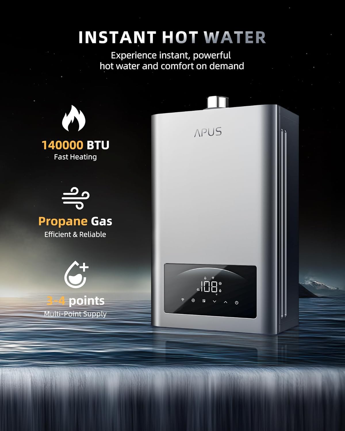 Tankless Water Heater Propane, 140, 000 BTU Indoor Installation Up to 6.8 GPM