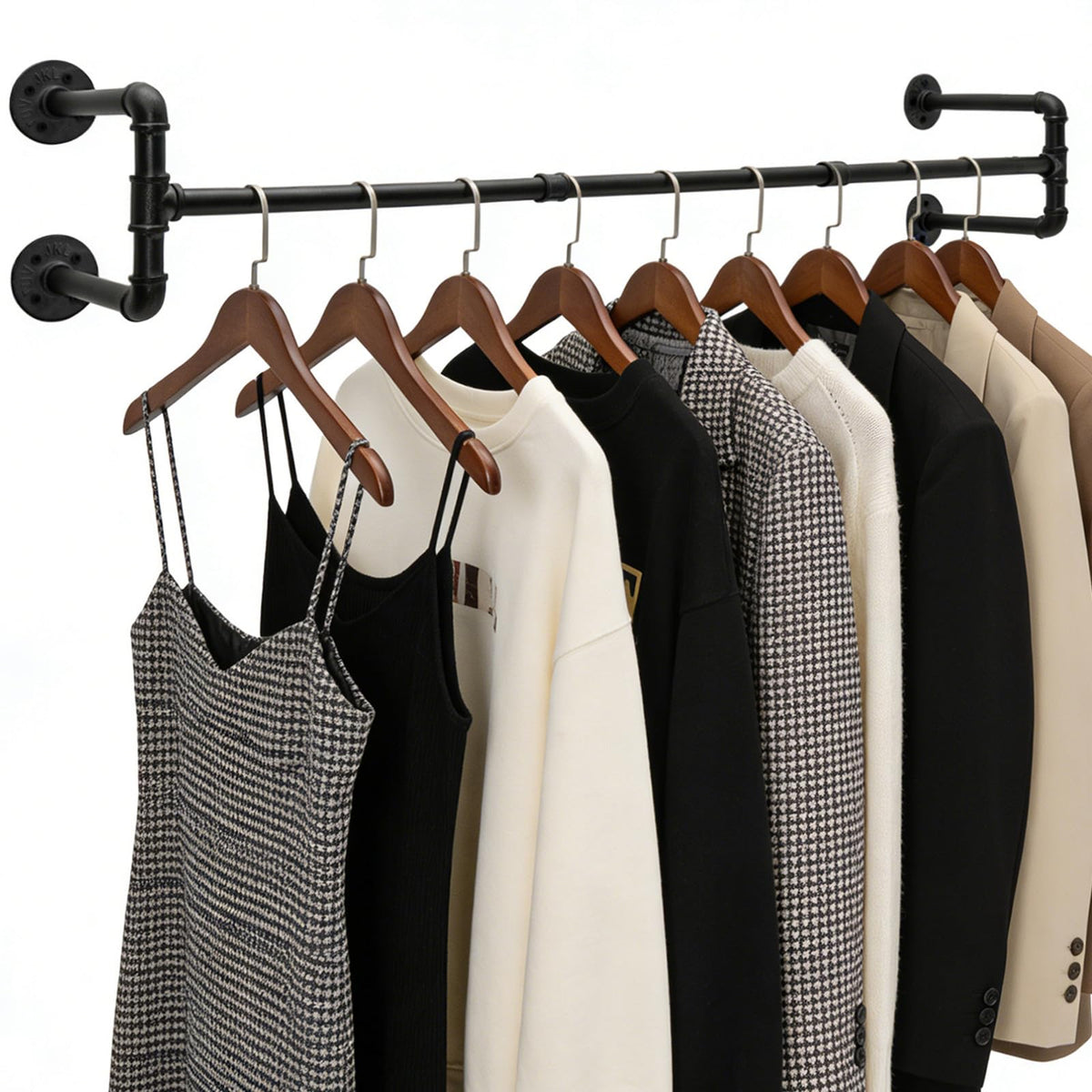 Industrial Pipe Clothing Rack, 53.1 Inch Wall Mounted Clothes Rack, Space-Saving Detachable Heavy Duty Garment Rack