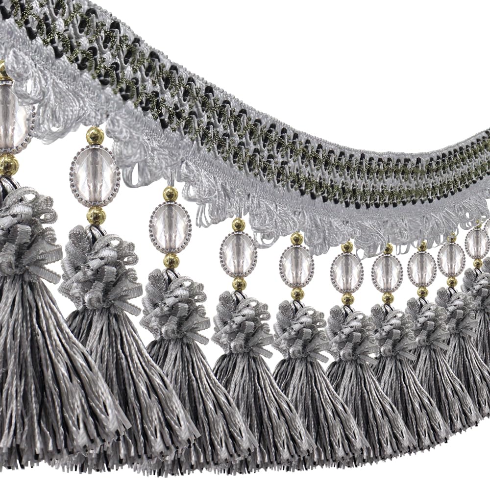Pom Pom Curtain Fringe Trim Beads Ball Tassel Trimming Sewing Ribbon Upholstery Fabric (Gray) - 3yards