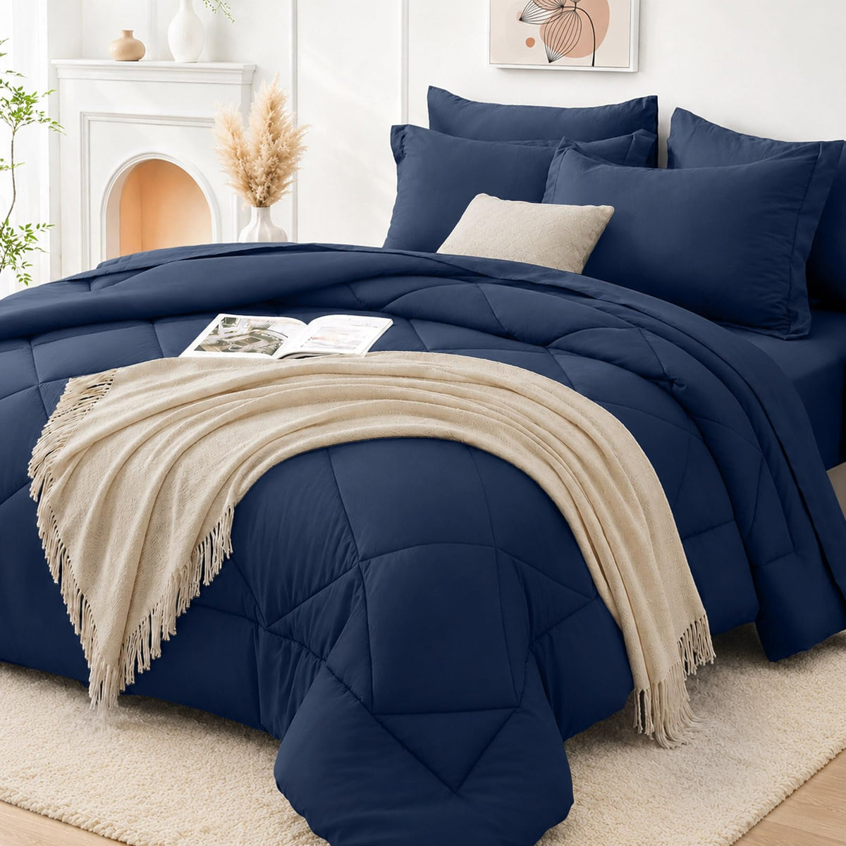 Comforter Set 7 PCS, Navy Blue Bed Set, Soft Bed in a Bag