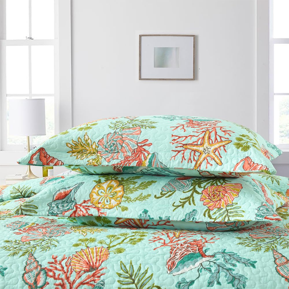 Cotton Coastal Bedspread Quilt Sets Reversible Bedding Coverlet Sets Comforters, Fairytale Starfish Seashell