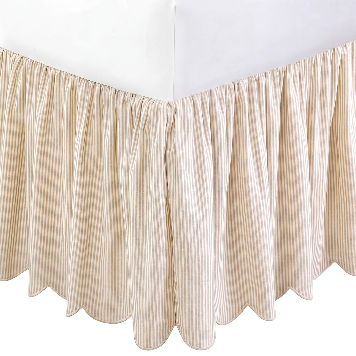Striped Bed Skirt, 16" Drop, Scallop Dust Ruffle, Cream Ivory