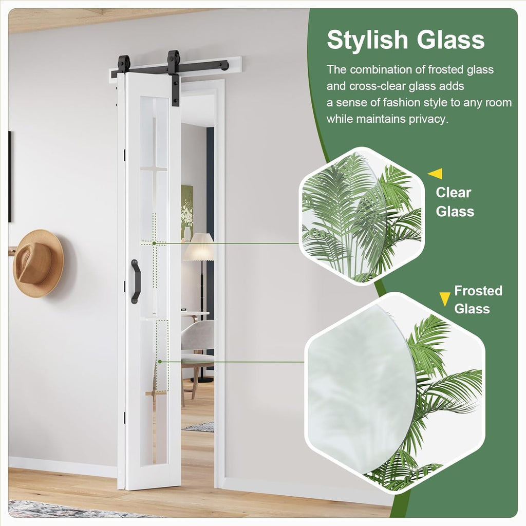 Bifold Barn Door 24x84 Inch (Double 12x84), Preassembled White Frosted Glass Cross Transparent Bifolding Door with 28"