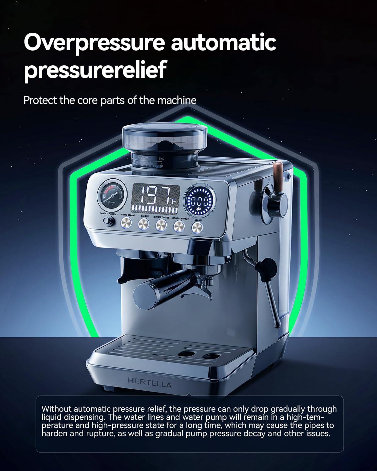 Espresso Machine with Burr Grinder, 20 Bar Visual Pressure Gauge, Milk Frother Steam Wand, Stainless Steel, 4