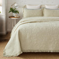 Beige Floral Quilt Set Cotton Ruffled Edge Quilt 3-Piece