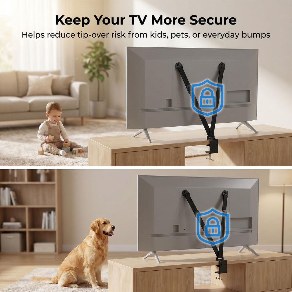 TV Safety Straps for TVs with VESA Holes, No-Drill Desk C-Clamp or Wall Anchor, Adjustable TV Anti Tip Straps for