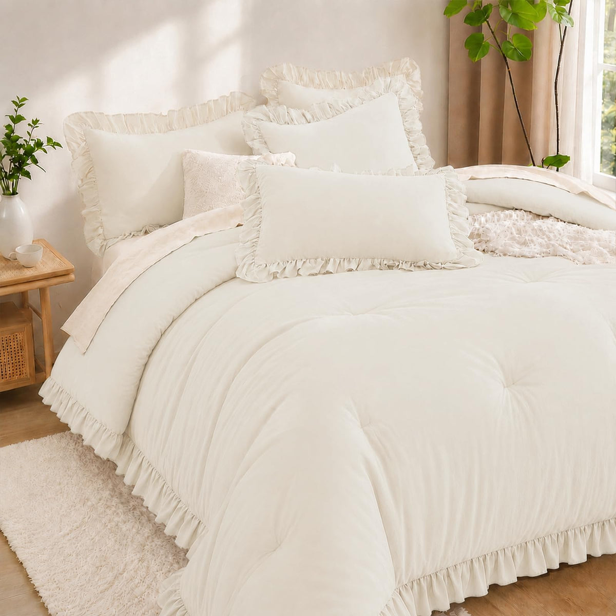 Comforter Set 3 Pieces Beige Ruffle Bedding Set