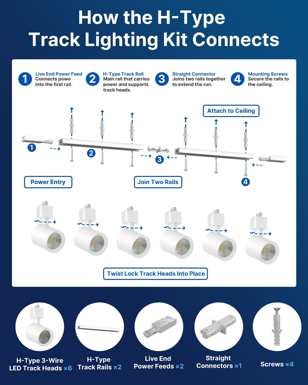 H Type LED Track Lighting Kit, 10W 800LM Dimmable, White