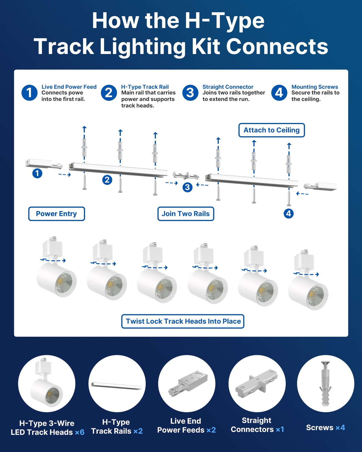 H Type LED Track Lighting Kit, 10W 800LM Dimmable, White