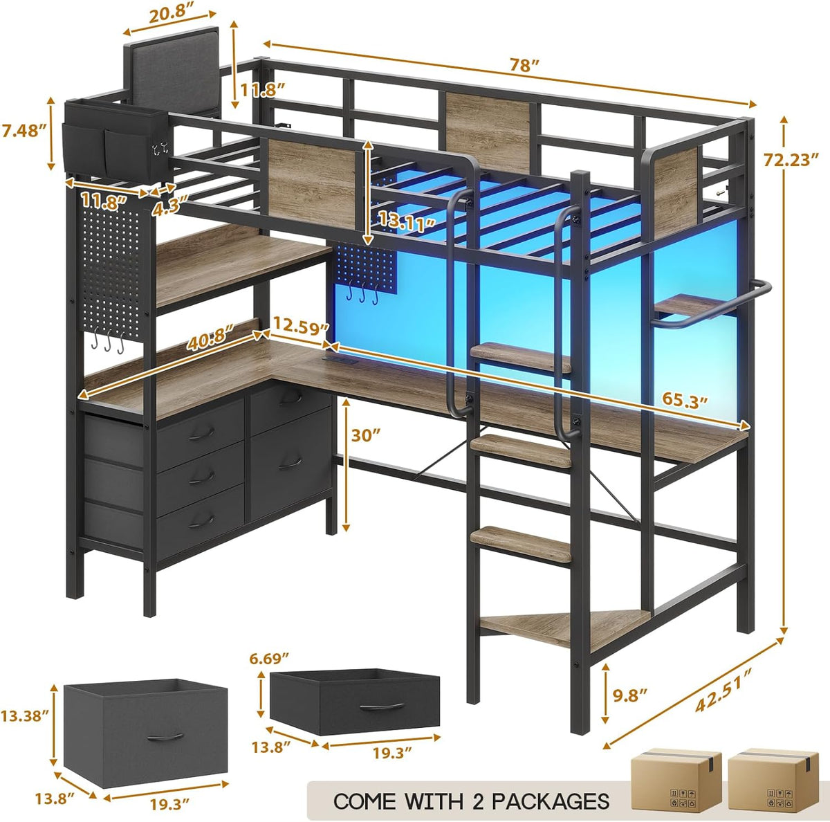 Twin Loft Bed with Desk and 5 Storage Drawers,Loft Bed Twin with LED Lights and Charging Station