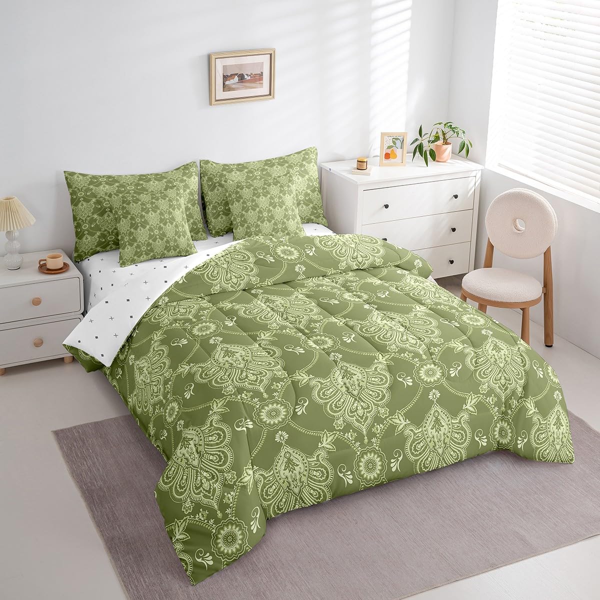 Green Vintage Damask Comforter Set with Sheets 7 Piece