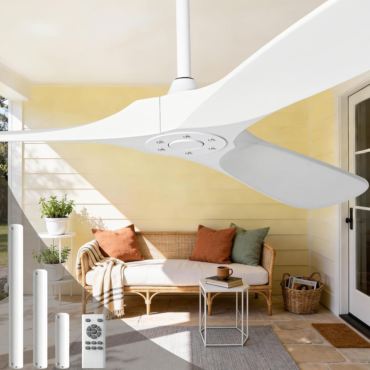60-Inch White Ceiling Fan with Three Solid Wood Blades for Large Spaces