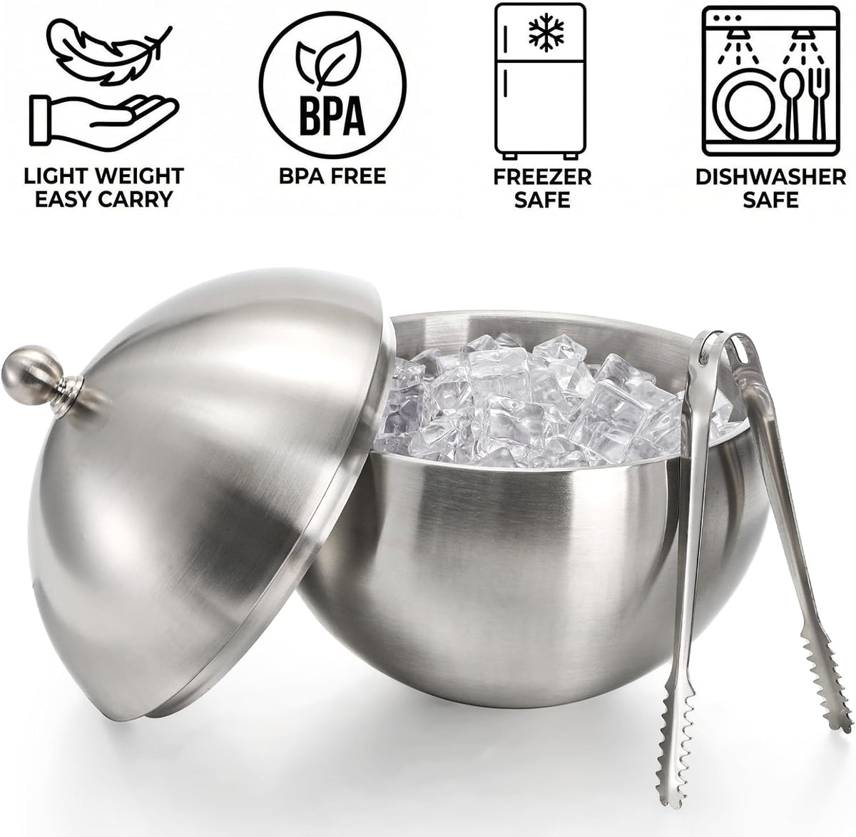 Ice Bucket with Lid, Double Insulation Ice Box Container Storage Box, 2 L Stainless Steel Ice Bucket Container