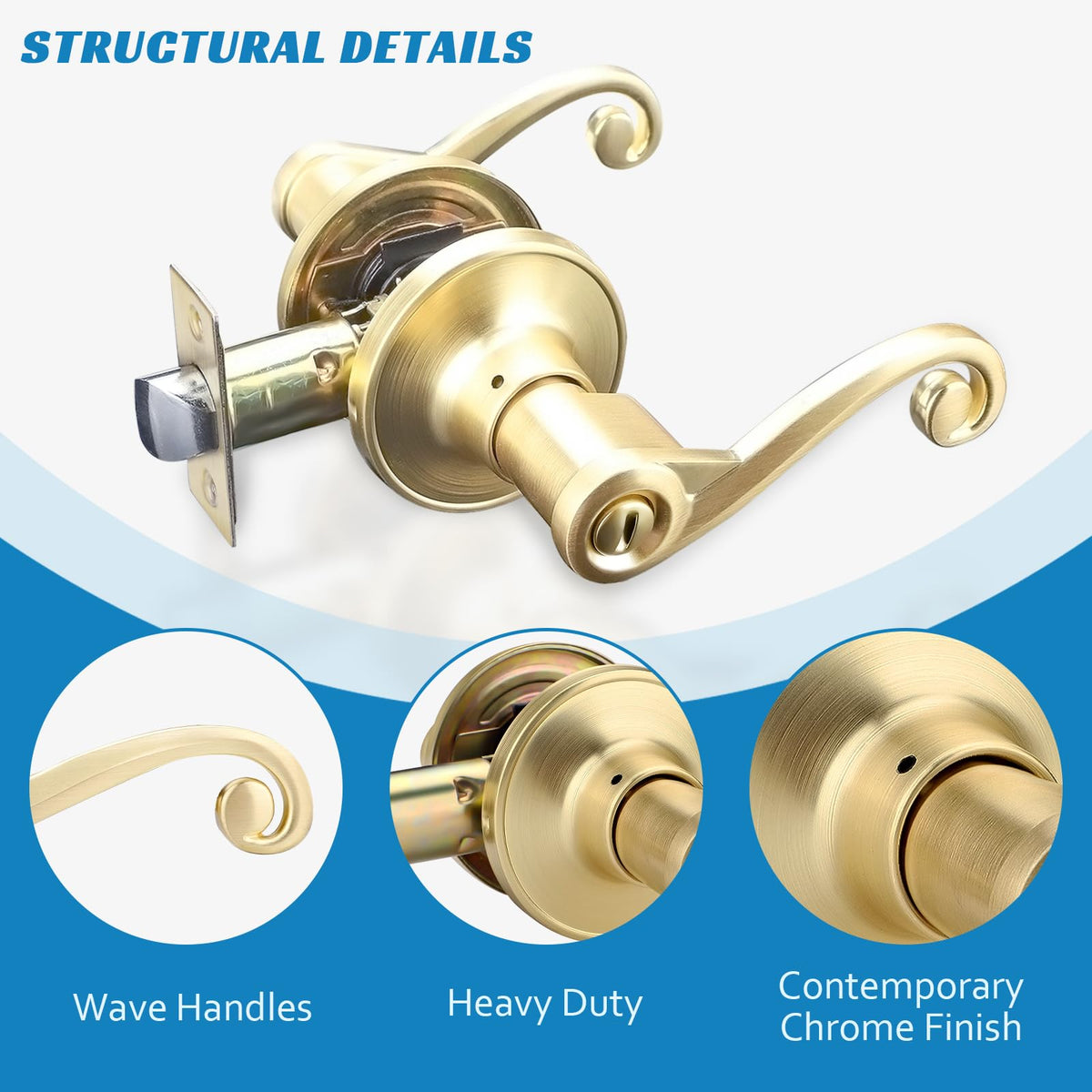 5 Pack Gold Door Handles, Wave Style Brass Privacy Door Lever