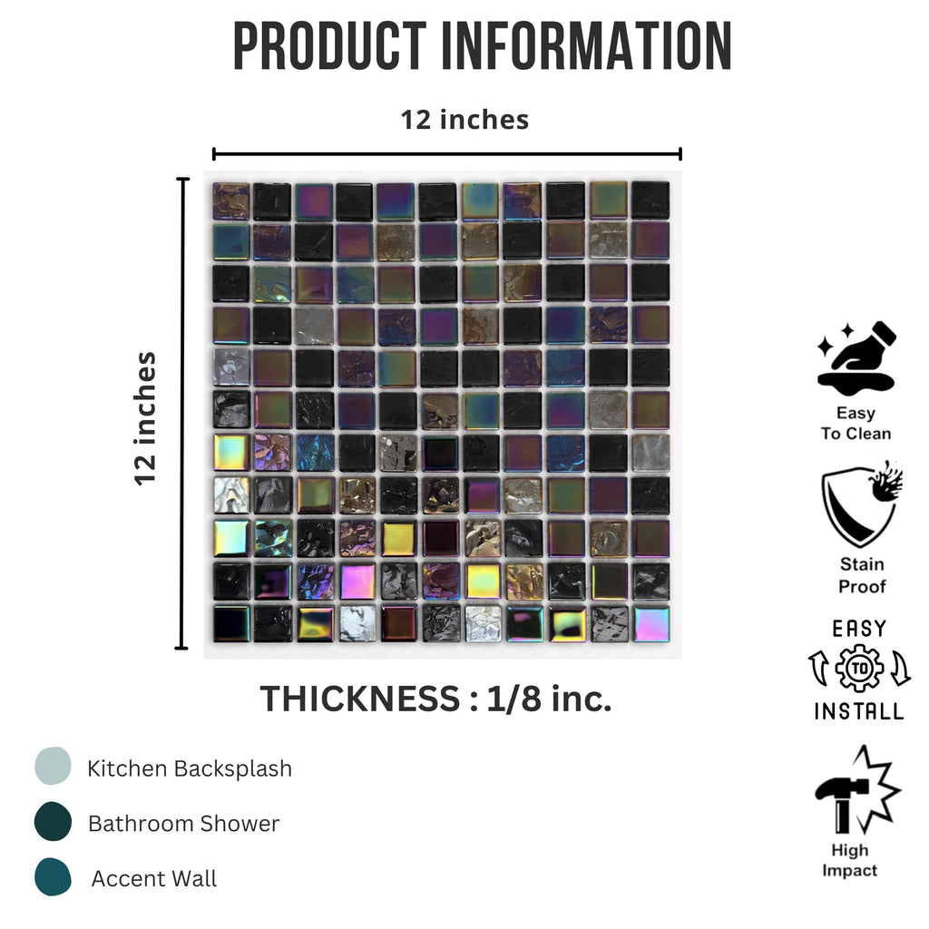 HTC Black Glass Mosaic Tiles - Iridescent Glossy Finish Wall Tile Backsplash, Bathroom Shower, Pool and Spa Accent