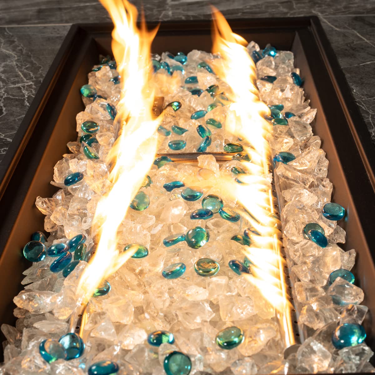 44in Outdoor Propane Gas Fire Pit Table, 50, 000 BTU Auto-Ignition Gas Firepit with Glass Wind Guard, Marble Tile
