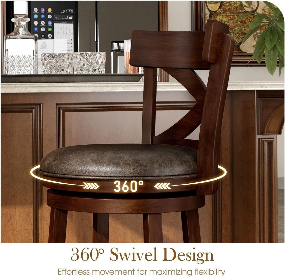 Swivel Bar Stools Set of 4, 30 Inch Bar Height Barstools with Cross Back & Solid Wood Legs,Faux Leather