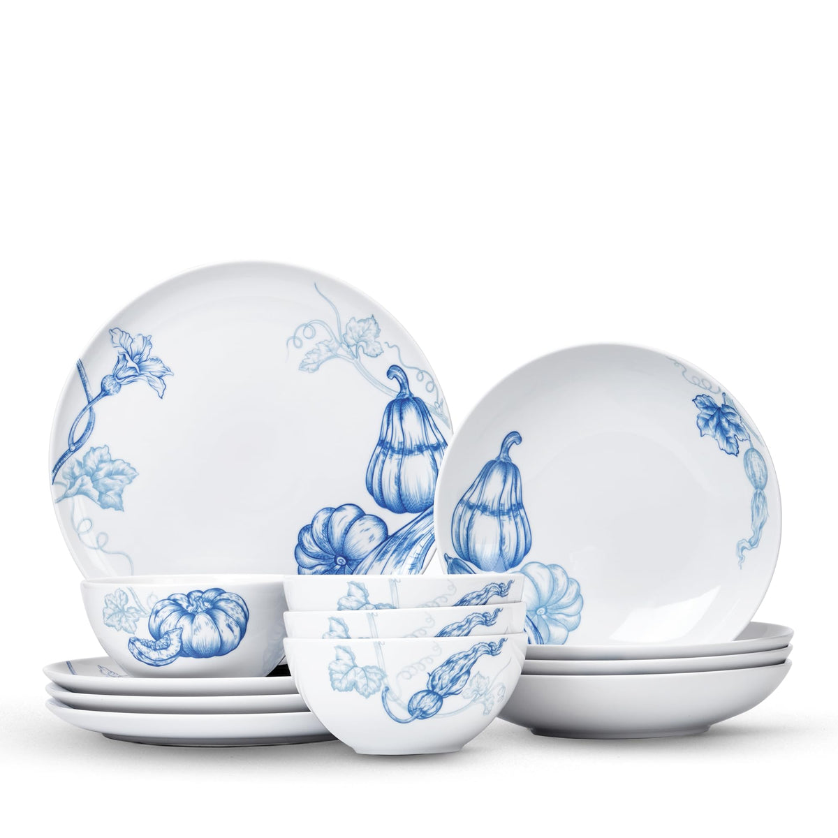 Long 12 Pcs Porcelain Thanksgiving Dinnerware Set, Pumpkins Harvest Plates and Bowls Set for 4, Fall Dishes Chip &