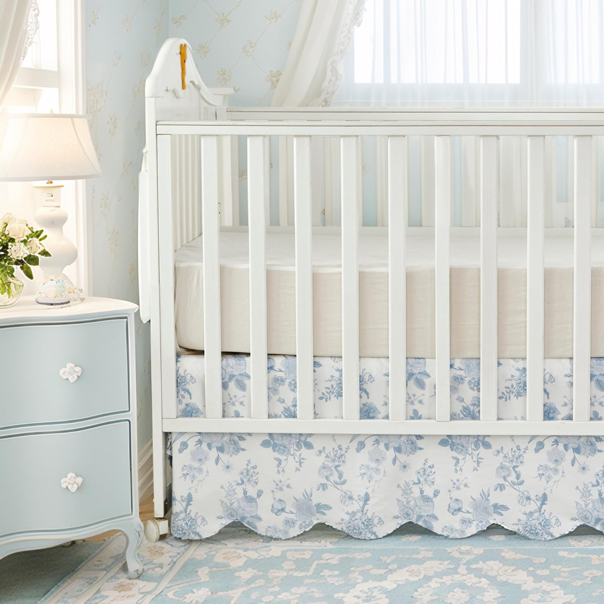 Scallop Edge Cotton Crib Skirt, Baby Girl, French Country Blue Toile Crib Skirt Toddler Bedskirt Farmhouse Chic