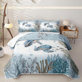 Sea Turtle Quilt Set Teal Blue Sea Coastal Lightweight Quilt Bedding Set for Summer Underwater World