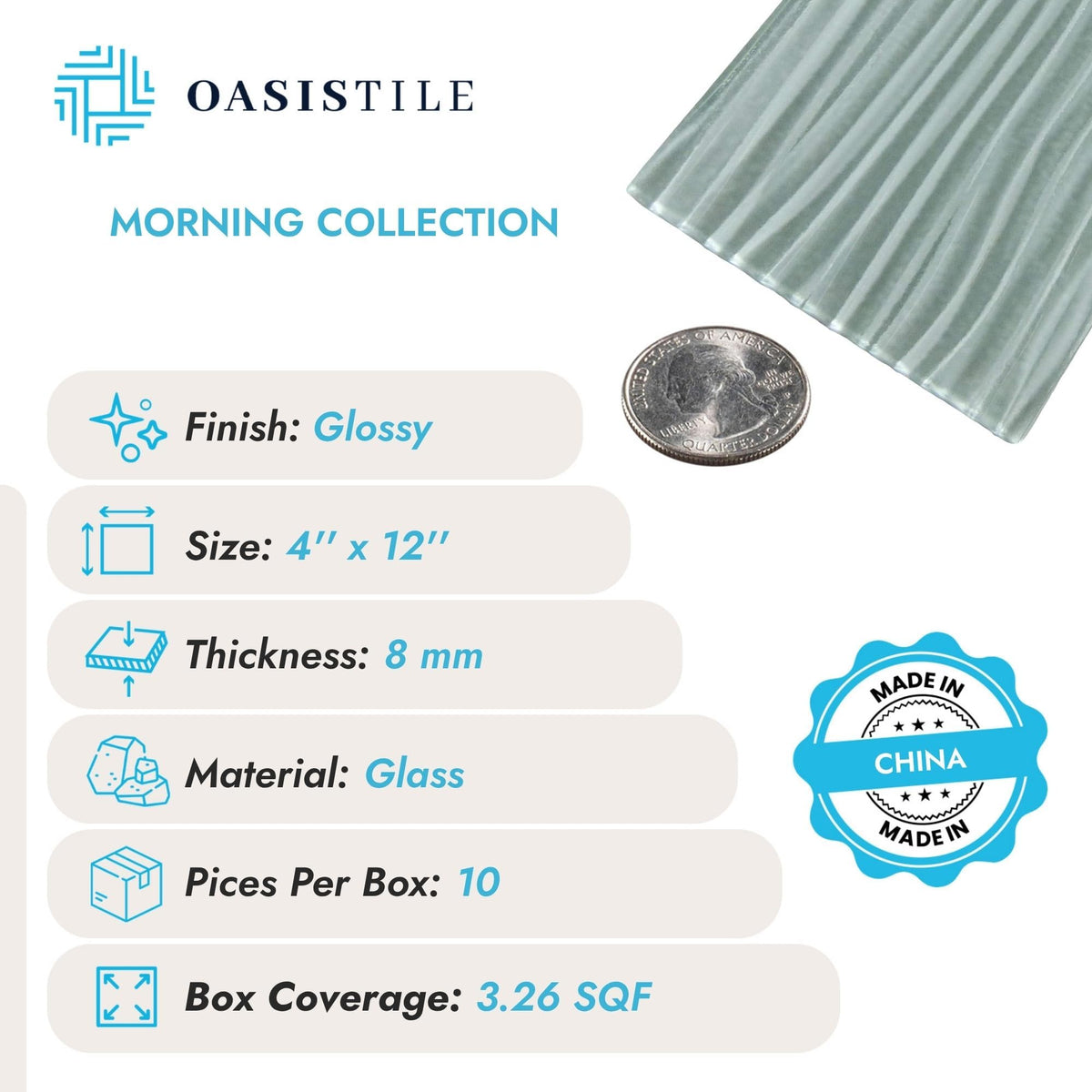 Oasis Tile Morning Mist Blue Wave | 4x12 Glossy Glass Subway Tile