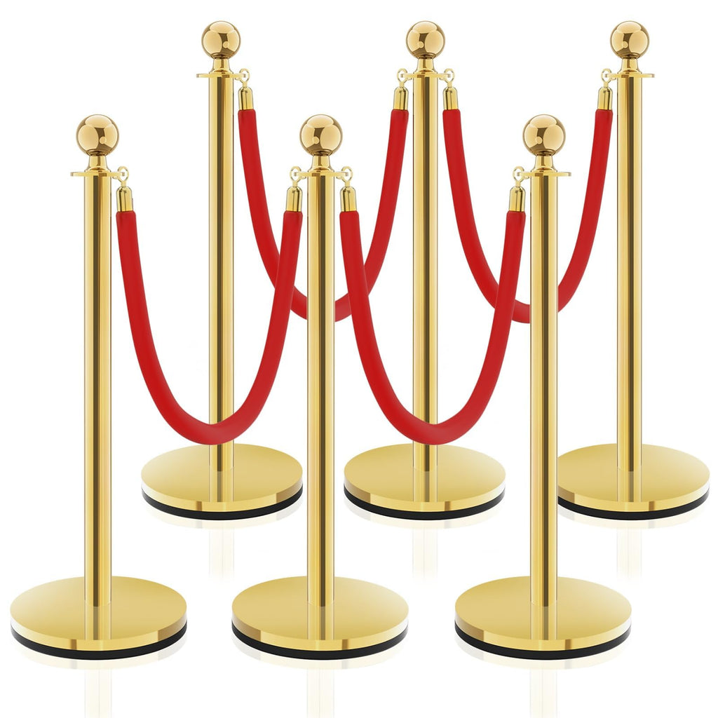 6PCS Stanchion Post, Crowd Control Barriers, 5 ft Red Velvet Rope Red Carpet Ropes and Poles, Stainless Steel Gold