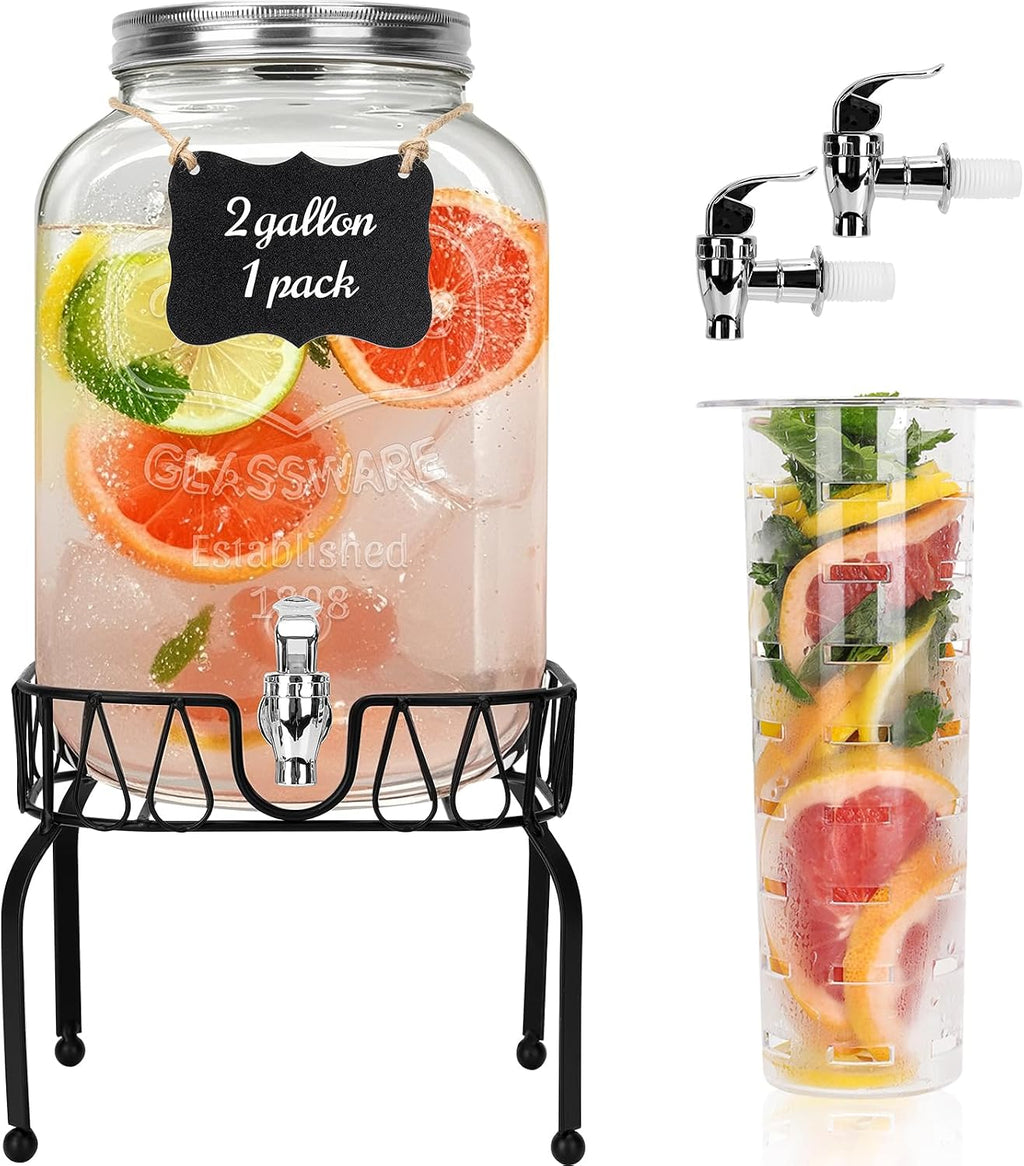 2 Gallon , 1 Pack Clear Beverage Dispenser for Party, BBQ and Picnic, Juice Dispenser with Ice Core, Black Stand