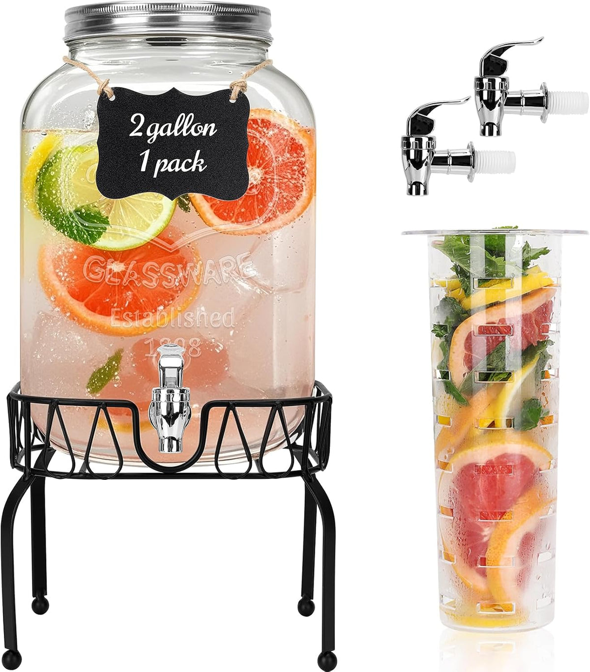 2 Gallon , 1 Pack Clear Beverage Dispenser for Party, BBQ and Picnic, Juice Dispenser with Ice Core, Black Stand