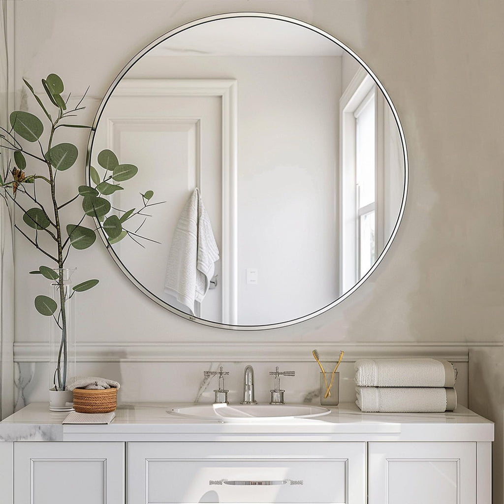 Silver Circle Mirror, 20 inch Round Wall Mirror,Brushed Metal Frame