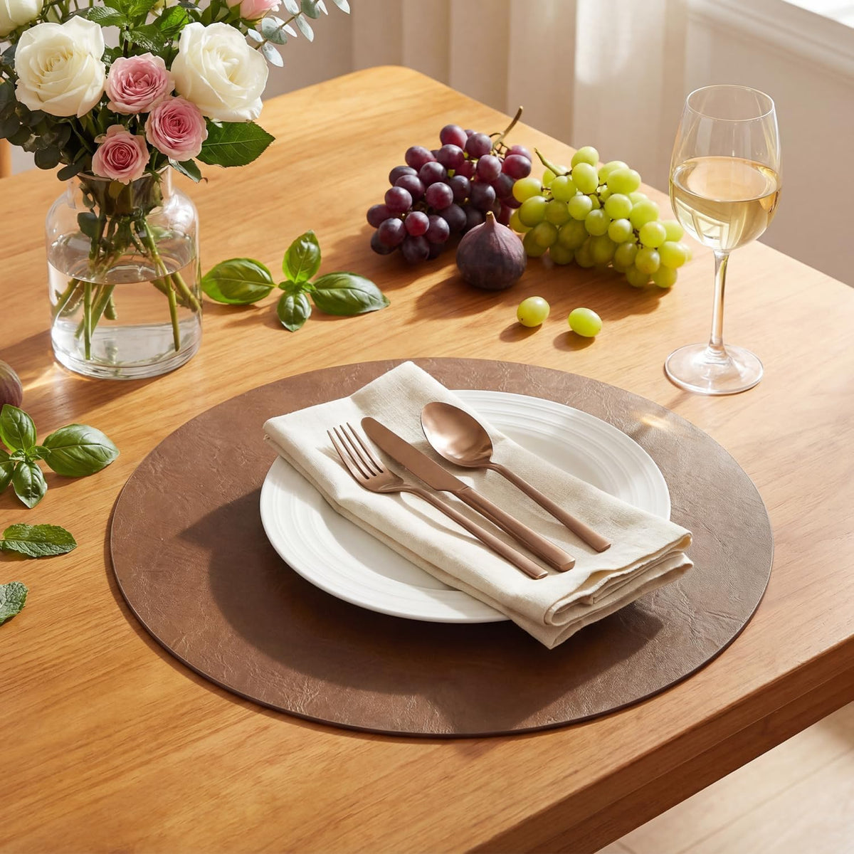 Brown Faux Leather Placemats Set of 6, 15 Inch Waterproof Wipeable Heat Resistant Vinyl Place Mats, Reversible Table