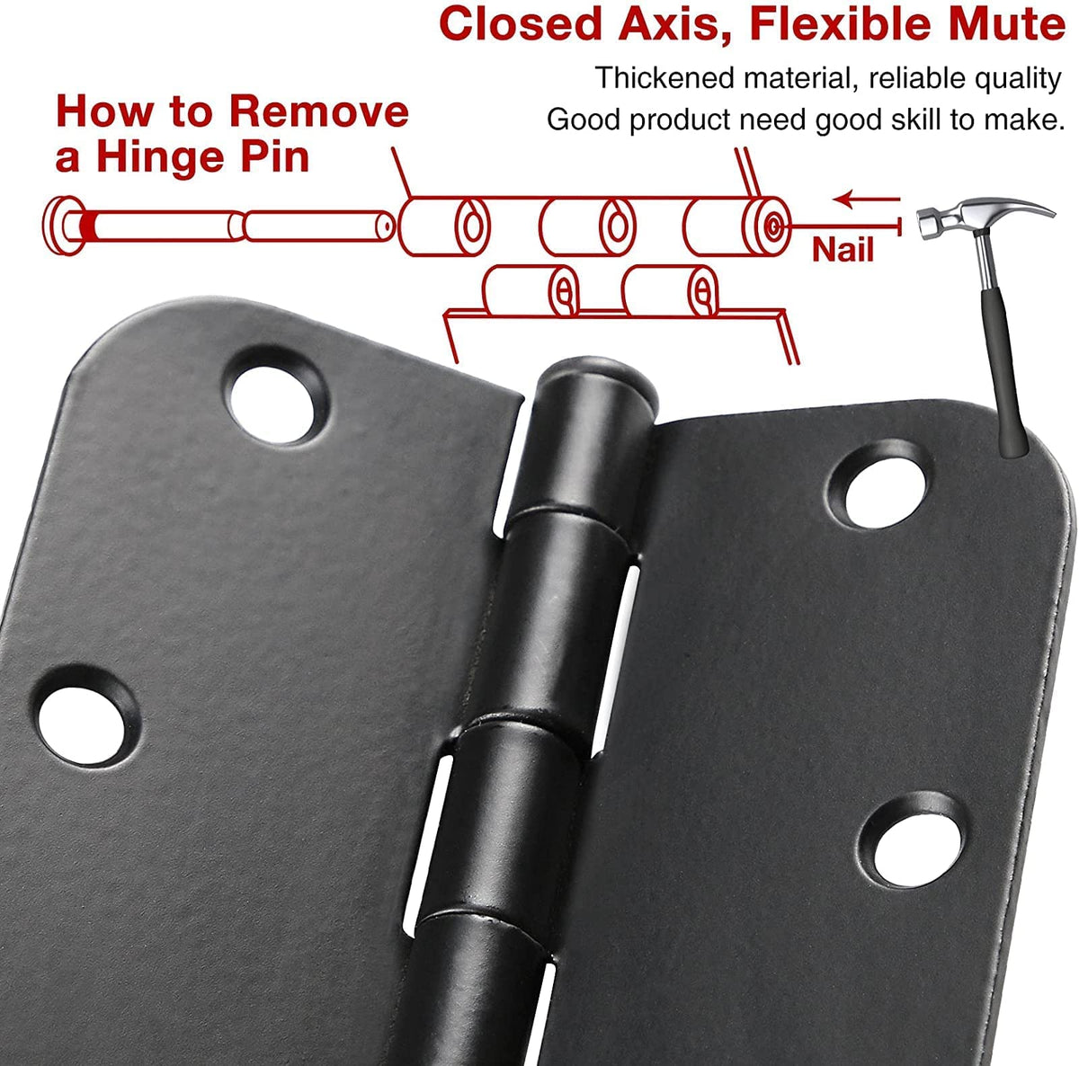 24 Pack Rounded Matte Black Door Hinges 3.5 Inch with 5/8" Radius