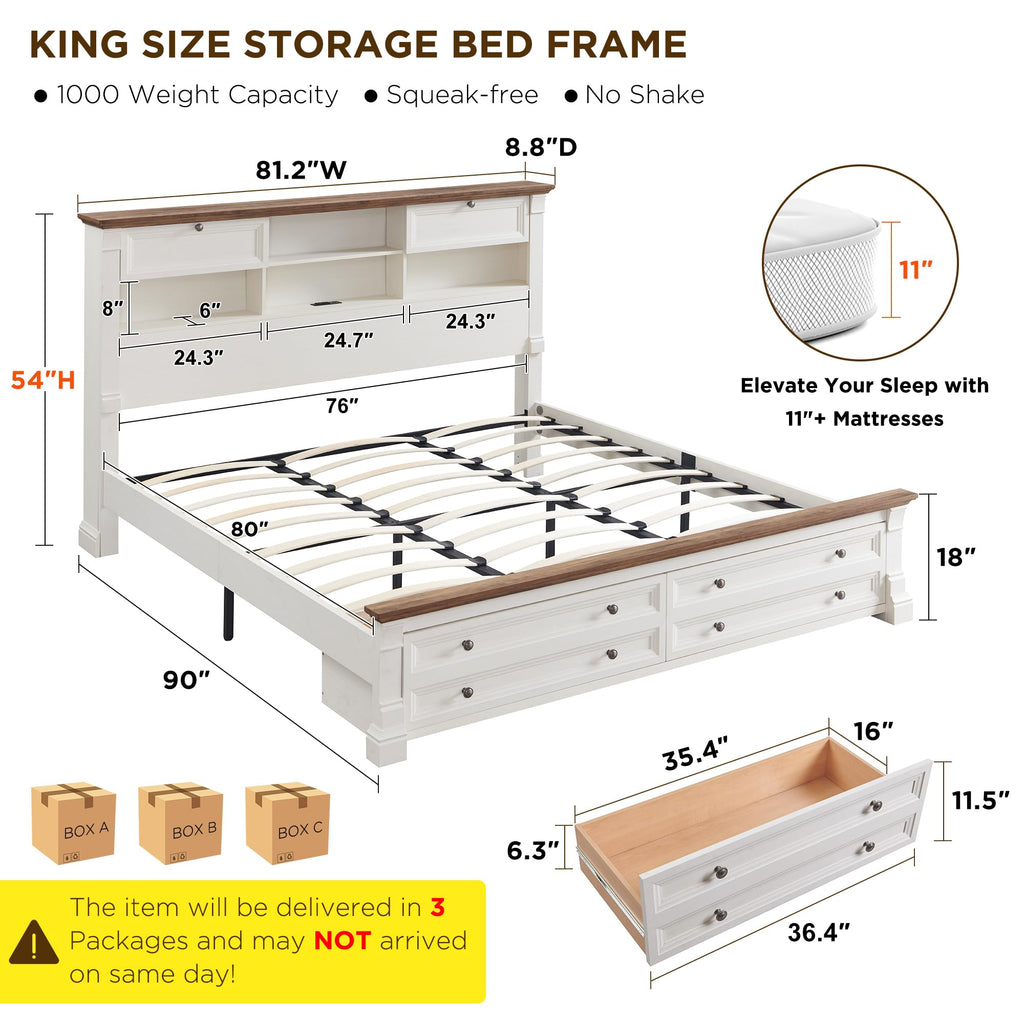 Farmhouse Bed Frame with 2 Drawers & 4 Bookcases On The Headboard