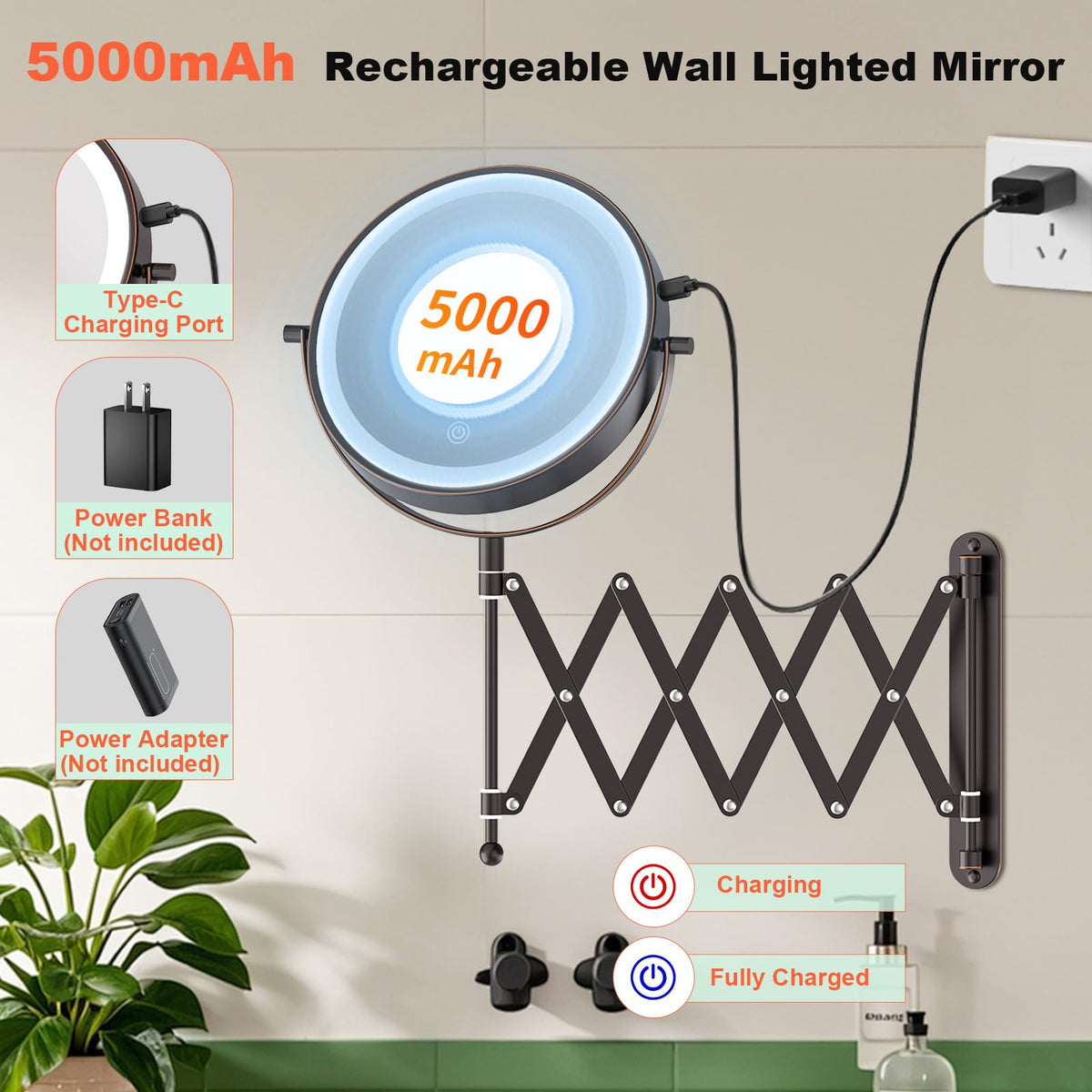 8" Rechargeable Wall Mounted Makeup Mirror Double Sided Magnifying