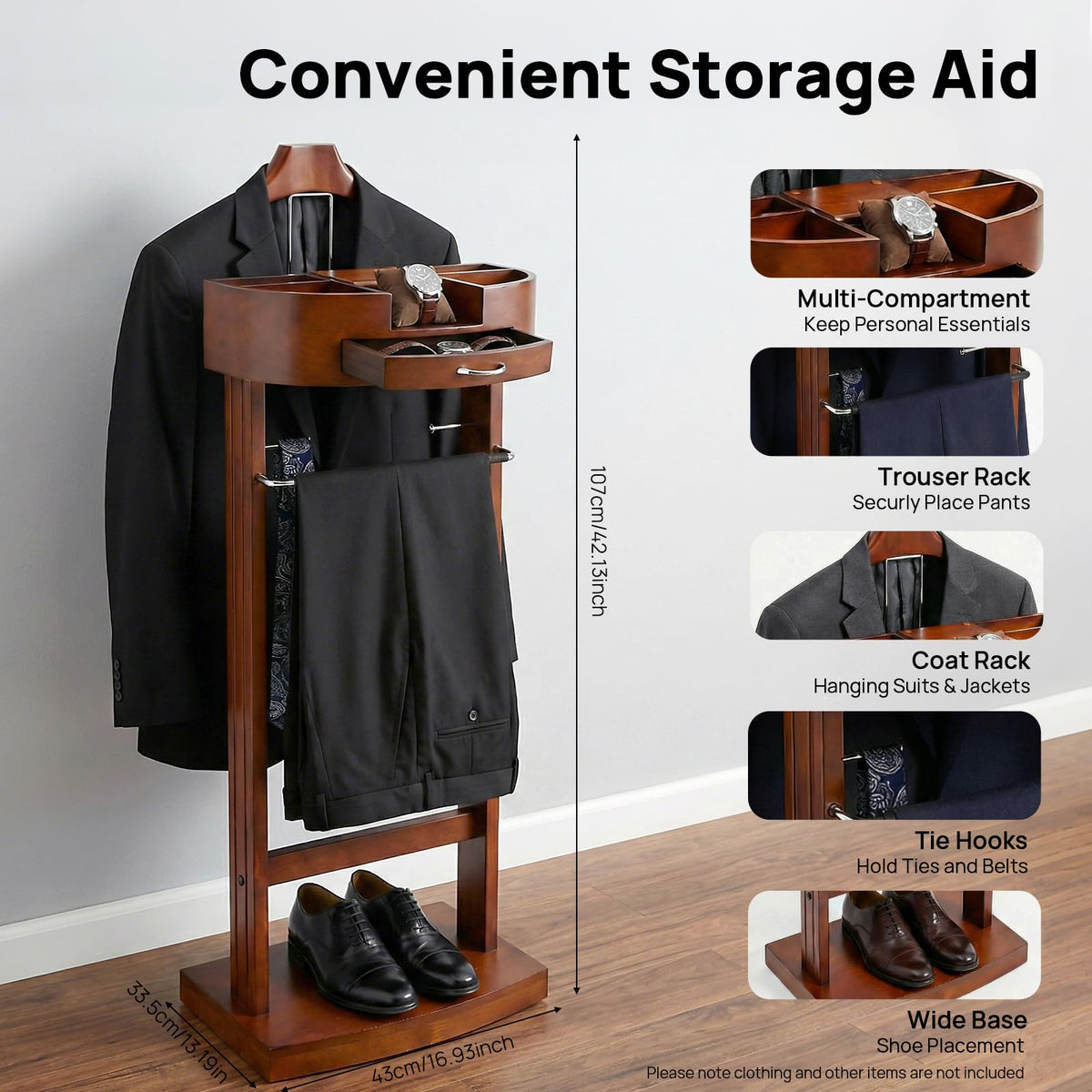 Wood Men Valet Stand with Drawer, Standing Suit Valet Stand, Clothes Organizer Rack Entryway Living Room Bedroom