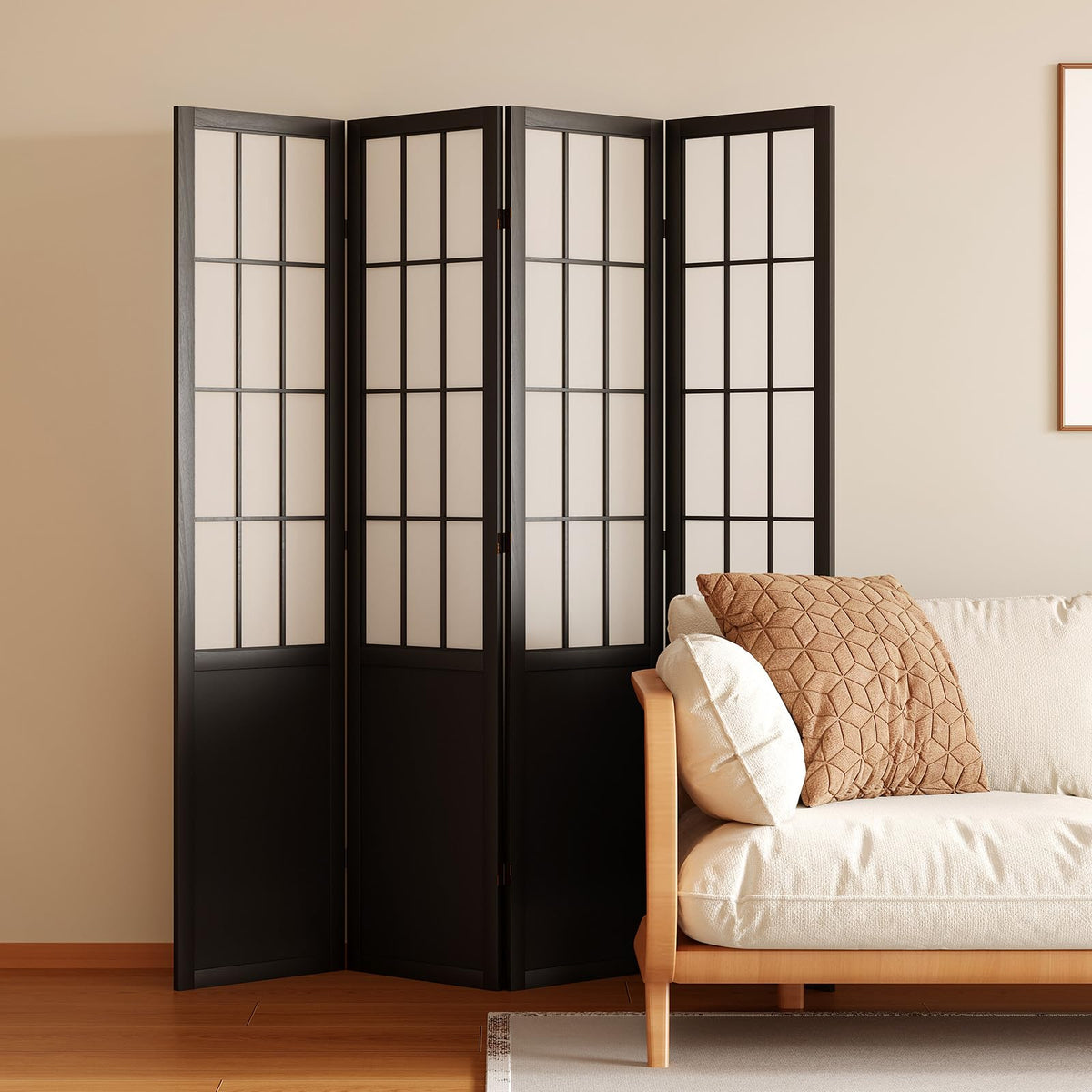 Room Divider, 66.9Inch Tall Japanese Shoji Style Folding Wood Screen with Double Hinges Bedroom Hotel Decoration