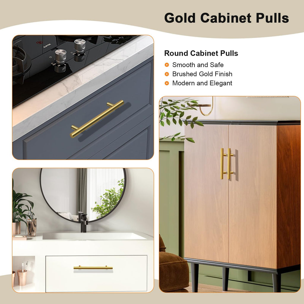 30 Pack Kitchen Brushed Brass Cabinet Handles 5" Hole Centers(128mm) Dresser Drawer Pulls Gold Cabinet Handles Modern