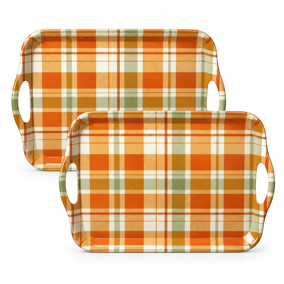 Serving Trays with Handles, Set of 2, 16 x 11.4 Inch Bamboo Fiber Rectangular Food Trays, Fall Plaid, Dishwasher Safe