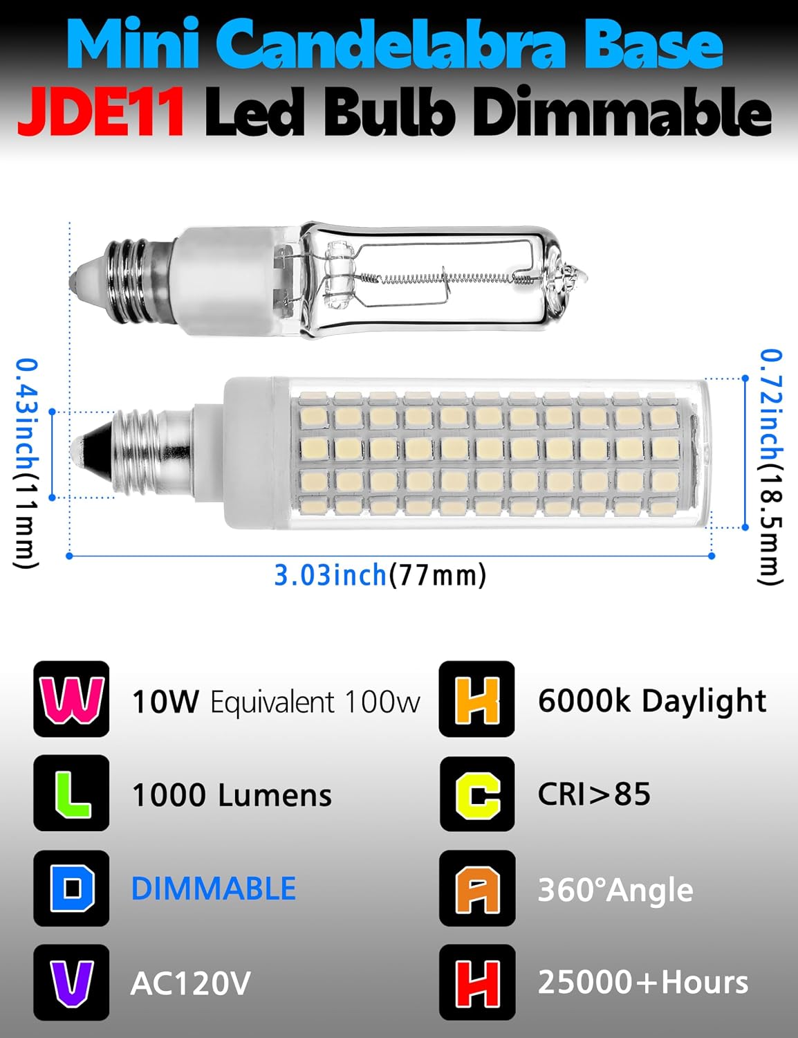 Dimmable JD E11 Led Bulb 10W, 100W Halogen Equivalent, 6000K Daylight White