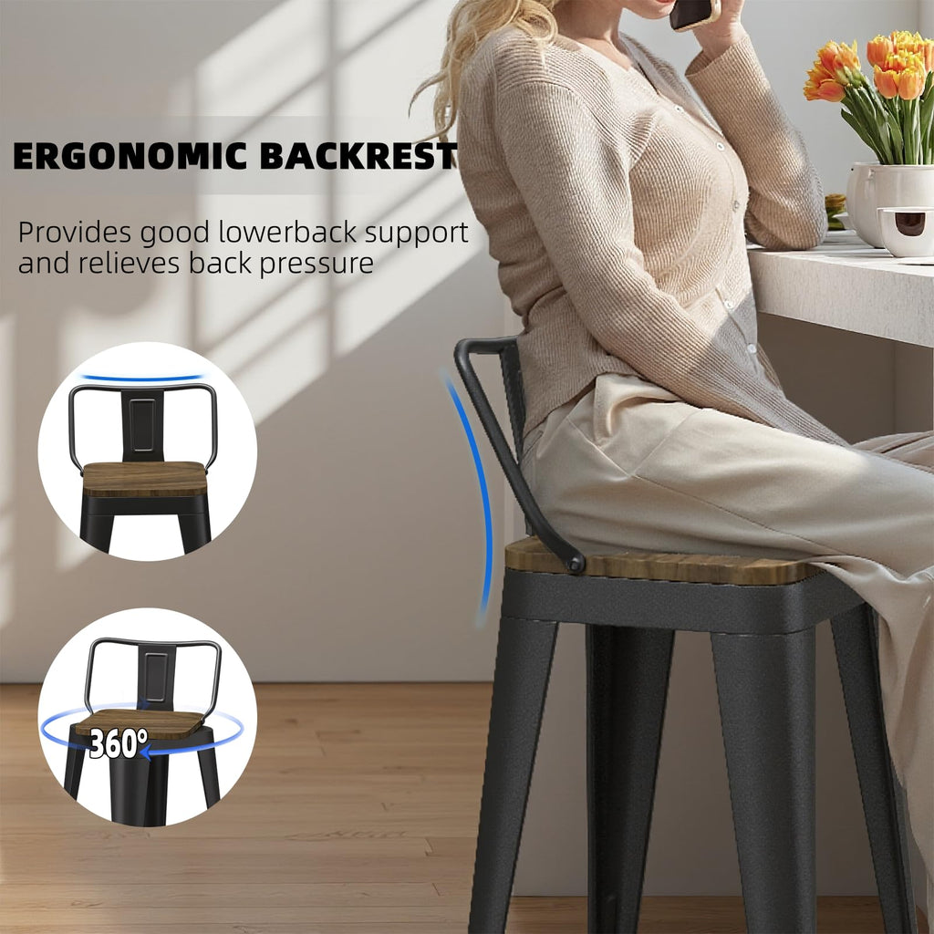 Swivel Bar Stools Set of 4, 24" Counter Height Barstools with Low Back, Industrial Metal Bar Stools with Large Wooden
