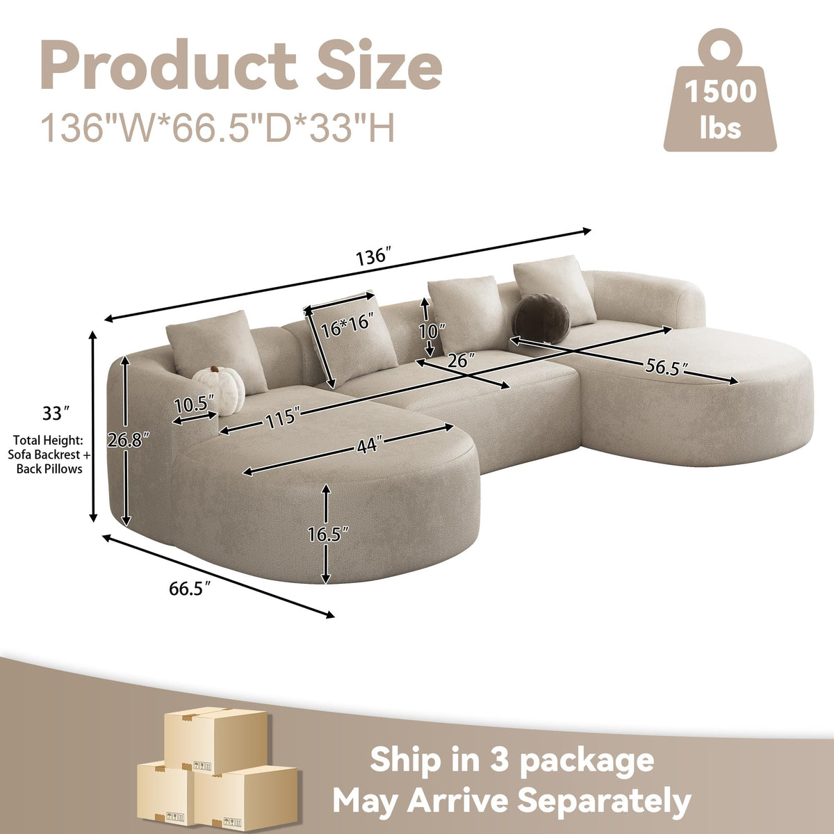 136" Oversized Boneless U-Shaped Sectional Sofa, Light Brown