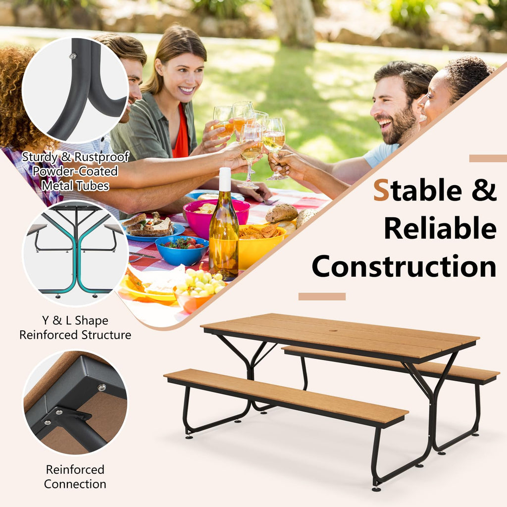 Outdoor Picnic Table Bench Set, 2450 LBS Capacity Dining Table with 2 Benches for 6-8 People, Heavy Duty Metal Frame