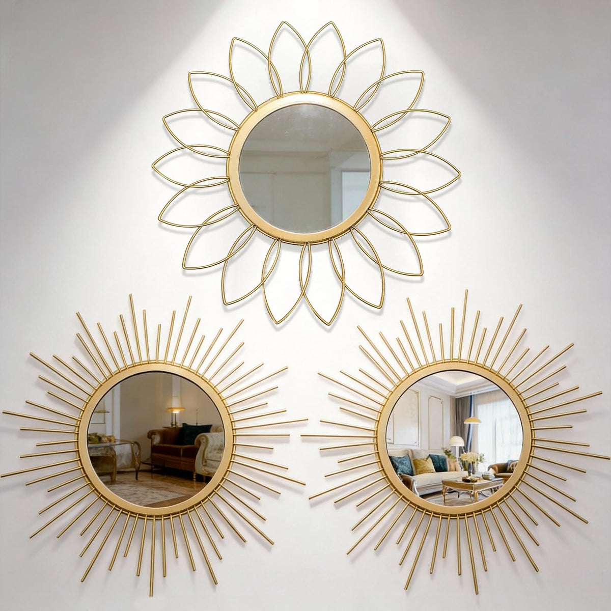 Boho Sunburst Wall Mirror Set of 3, 12 Inch Round Antique & Modern Metal Wall Art, Hanging Over The Door Mirrors