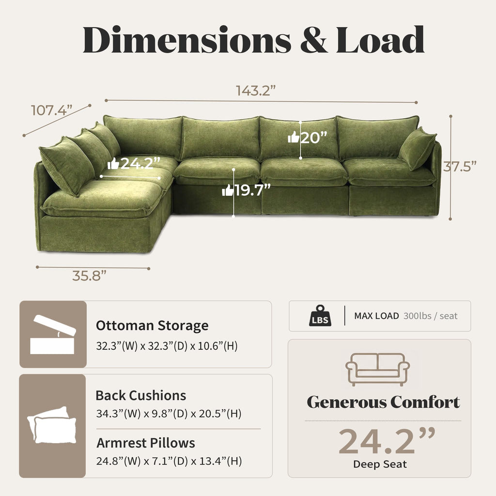 Cloud Modular Corner Sectional, Oversized Deep Seat Comfort, Luxe Chenille