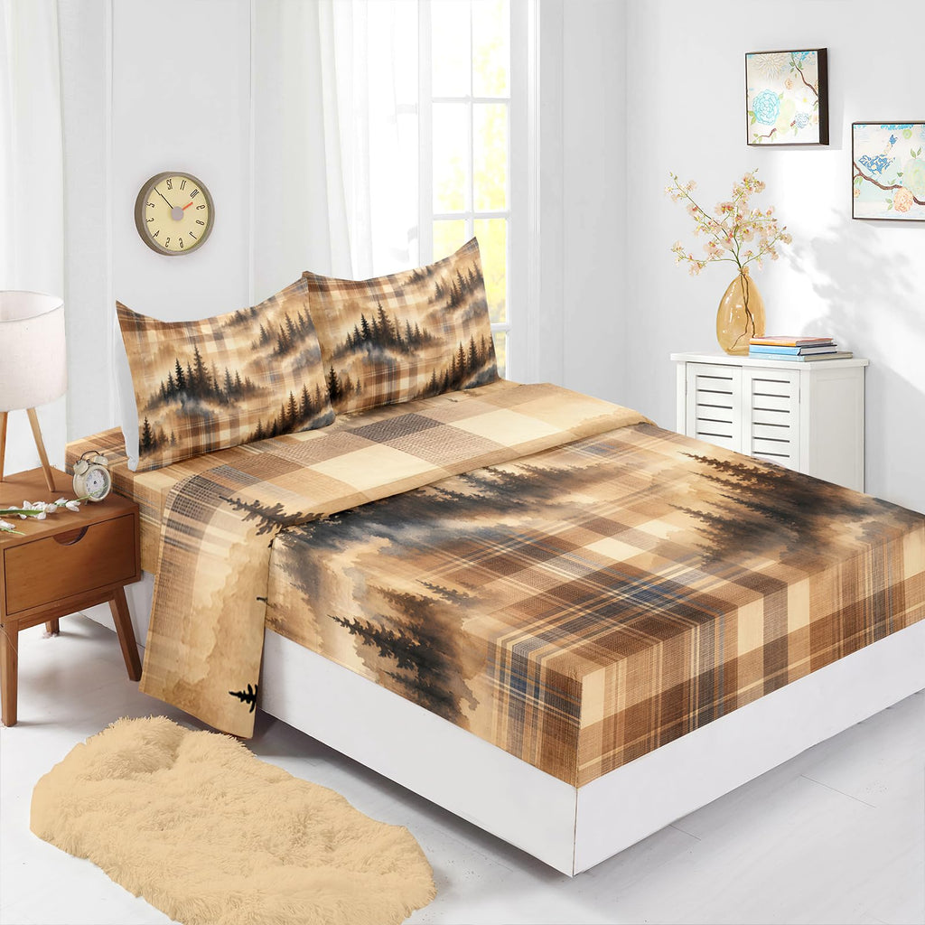 Misty Pine Bedding Collection, Beige Check Tree Silhouette 4 Piece with Fitted and Flat Sheets, 2 Pillowcases