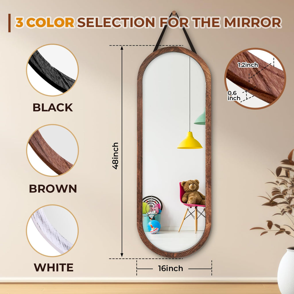 48x16in Oval Full Length Mirror Solid Wood Frame, Brown