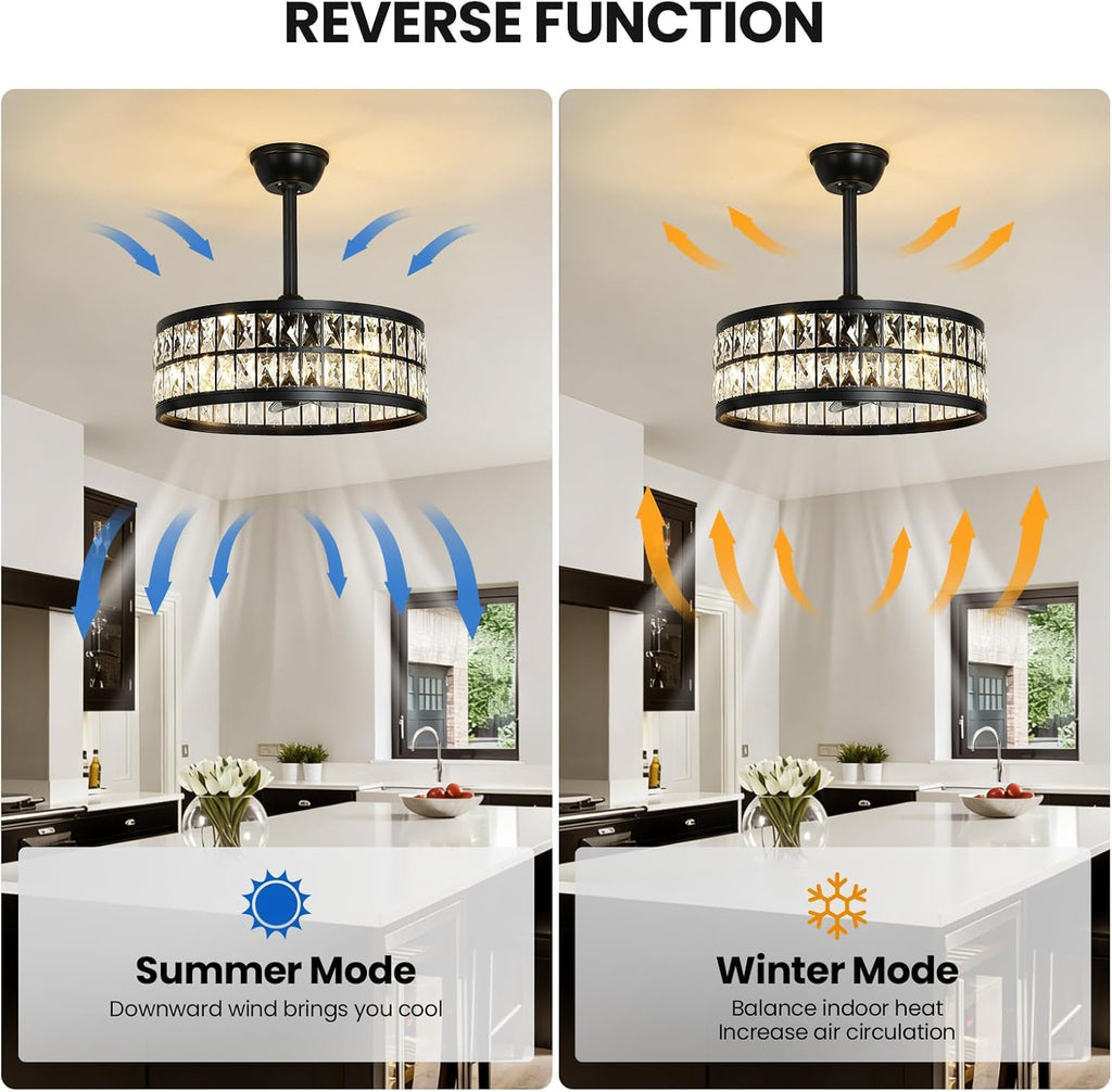 19" Black Flush Mount Caged Crystal Ceiling Fan with Light & Remote